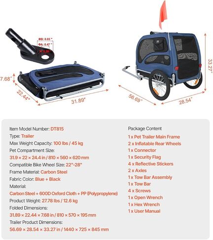 VEVOR Dog Bike Trailer, Supports up to 100 lbs, Pet Cart Bicycle Carrier, Easy Folding Frame with Quick Release Wheels, Universal Bicycle Coupler, Reflectors, Flag, Collapsible to Store in Saudi Arabia