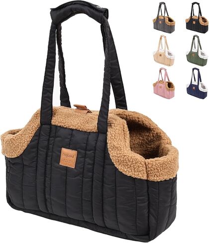 ETIAL Small Dog Carrier Purse, Winter Fleece Warm Dog Tote Bag Carrier with Secure Harness Clip for Puppy Kitten, Waterproof Pet Travel Handbag for Shopping, Hiking and Walking (Black) in Kuwait