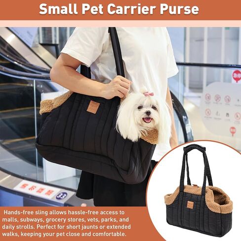 ETIAL Small Dog Carrier Purse, Winter Fleece Warm Dog Tote Bag Carrier with Secure Harness Clip for Puppy Kitten, Waterproof Pet Travel Handbag for Shopping, Hiking and Walking (Black) in Kuwait