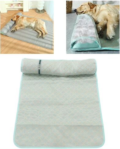EMUKOEP Summer Dog Cooling Mat with Pillow Portable Cooling Mat Portable Soft Bed Pet Sleeping Mat (Green Gold XL) in Saudi Arabia