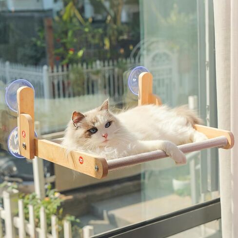 Cat Window Perch with Wooden Frame – Aloxina Foldable Cat Hammock Bed for Indoor Cats, Soft Rabbit Fur Cover, Washable, Strong Suction Cups, No Drilling, Supports Large Cats in Saudi Arabia