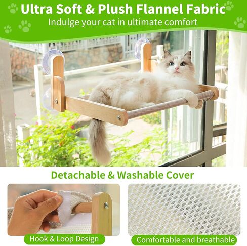 Cat Window Perch with Wooden Frame – Aloxina Foldable Cat Hammock Bed for Indoor Cats, Soft Rabbit Fur Cover, Washable, Strong Suction Cups, No Drilling, Supports Large Cats in Saudi Arabia