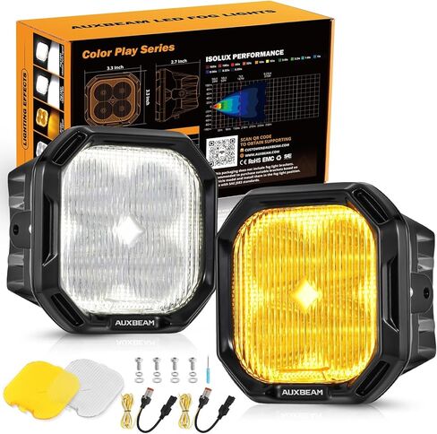 مصابيح قيادة Auxbeam مقاس 5 بوصات مع أغطية كهرمانية، 110 وات فائقة السطوع للطرق الوعرة، مصابيح LED مربعة الشكل، مصابيح ضباب صفراء كهرمانية لشاحنة جيب بولاريس جي إم سي فورد ممتص الصدمات، قطعتان in Kuwait