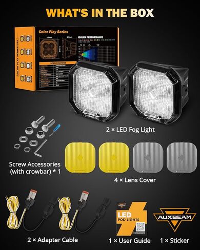 مصابيح قيادة Auxbeam مقاس 5 بوصات مع أغطية كهرمانية، 110 وات فائقة السطوع للطرق الوعرة، مصابيح LED مربعة الشكل، مصابيح ضباب صفراء كهرمانية لشاحنة جيب بولاريس جي إم سي فورد ممتص الصدمات، قطعتان in Kuwait