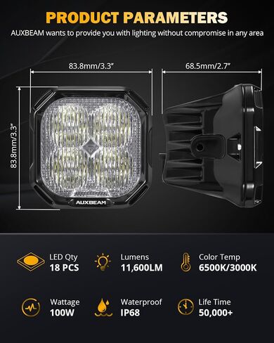 مصابيح قيادة Auxbeam مقاس 5 بوصات مع أغطية كهرمانية، 110 وات فائقة السطوع للطرق الوعرة، مصابيح LED مربعة الشكل، مصابيح ضباب صفراء كهرمانية لشاحنة جيب بولاريس جي إم سي فورد ممتص الصدمات، قطعتان in Kuwait