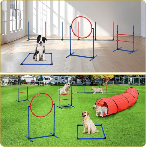 DWVO Dog Agility Accessories Kit: Comprises of a Teaser Pole, 2 Hurdles, 3 Flying Discs, 6 Weaving Poles, Agility Tunnel, Pause Box, Full Set of Agility Equipment for Backyard Indoors Outdoors in Saudi Arabia
