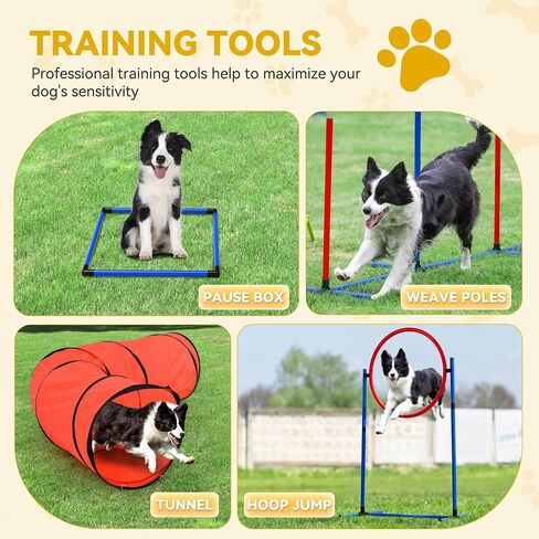 DWVO Dog Agility Accessories Kit: Comprises of a Teaser Pole, 2 Hurdles, 3 Flying Discs, 6 Weaving Poles, Agility Tunnel, Pause Box, Full Set of Agility Equipment for Backyard Indoors Outdoors in Saudi Arabia