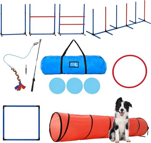 DWVO Dog Agility Accessories Kit: Comprises of a Teaser Pole, 2 Hurdles, 3 Flying Discs, 6 Weaving Poles, Agility Tunnel, Pause Box, Full Set of Agility Equipment for Backyard Indoors Outdoors in Saudi Arabia