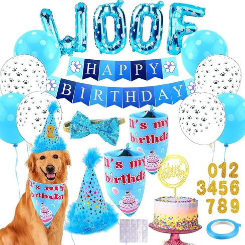 Dog Birthday Party Supplies, Adjustable Dog Bandana Set with Hat, Banner, Balloons and Bow Tie for Party Decorations Festive Accessories Party Photos & Celebrations- Large Medium Small Pet Puppy Dogs in Kuwait