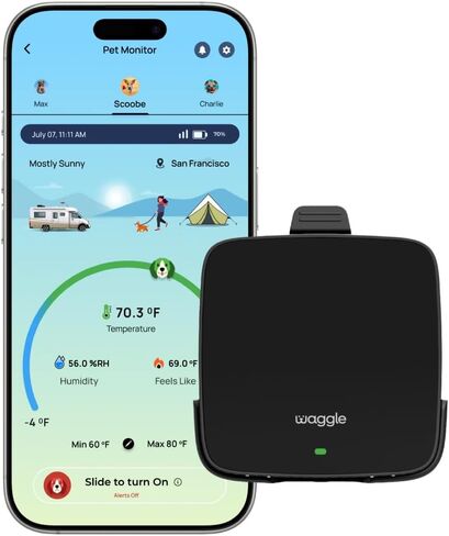 Waggle RV Pet Temperature Monitor – 4G Cellular | Real-Time Alerts for Temperature, Humidity & Power Loss | Dog Safety in RV, Car, or Home | App Controlled | No WiFi - 1Yr Subscription Included in Kuwait