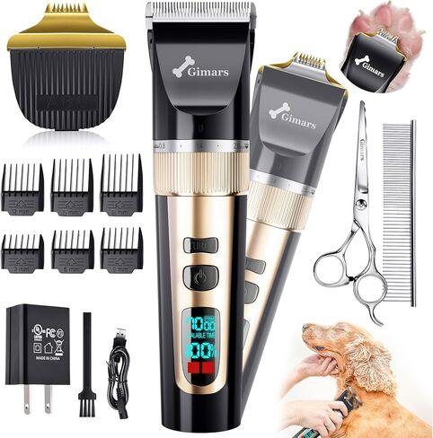 Gimars Cordless 4 Speed 7000rpm Dog Clippers with 6 in 1 4CR Stainless Steel Dog Grooming Scissors Kits, Low Noise 55db Rechargeable Pet Hair Thick Coat Trimmer Cat Shaver Clippers Kit for Cat Pet in Kuwait