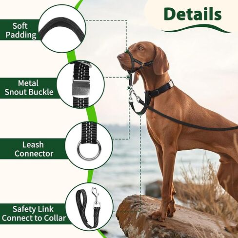 BARKLESS Sturdy No Pull Head Collar for Medium Large Dogs, Gentle Reflective Head Halter with Safety Link, Adjustable Nylon Dog Training Muzzle Leash for Walking Control (Black, L) in Saudi Arabia