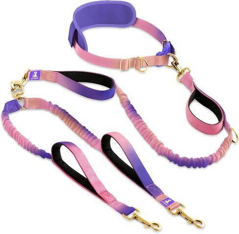 SparklyPets - Hands Free Dual Dog Leash for Medium and Large Female Dogs - Padded Handles, Reflective Stitches, No Pull, Tangle Free - Walking, Hiking, Jogging, Canicross Waist Leash - Gradient Pink in Kuwait