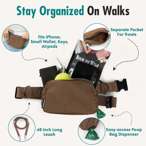 Hands Free Dog Leash with Dog Treat Pouch - Stylish & Trendy Waist Leash for Dog Walking - Wear Around Waist or Crossbody - Durable & Detachable - Shock Absorbing - Waste Bag Dispenser - Neutral Color in Saudi Arabia