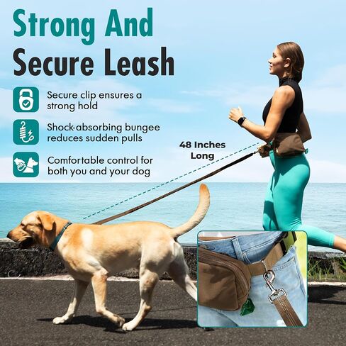 Hands Free Dog Leash with Dog Treat Pouch - Stylish & Trendy Waist Leash for Dog Walking - Wear Around Waist or Crossbody - Durable & Detachable - Shock Absorbing - Waste Bag Dispenser - Neutral Color in Saudi Arabia