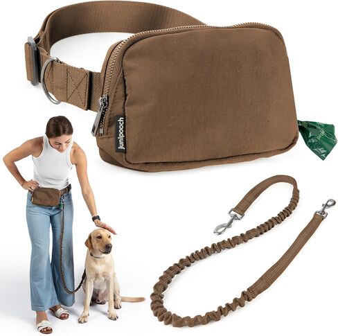 Hands Free Dog Leash with Dog Treat Pouch - Stylish & Trendy Waist Leash for Dog Walking - Wear Around Waist or Crossbody - Durable & Detachable - Shock Absorbing - Waste Bag Dispenser - Neutral Color in Saudi Arabia