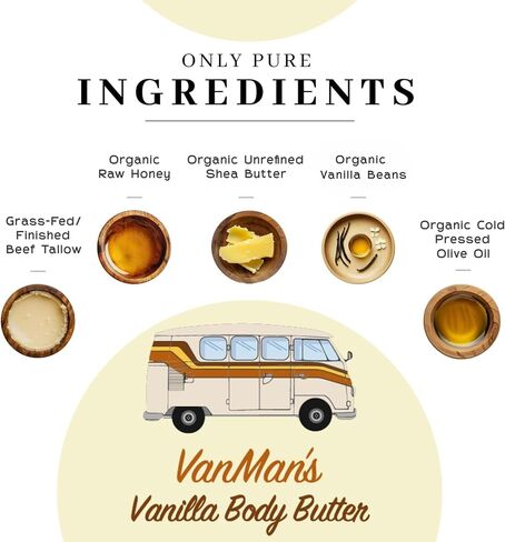 Vanman's Whipped Tallow - Vanilla Body Butter - Body Moisturizer with Grass-Fed/Finished Beef Tallow for Skin, Vanilla Planifolia Oil, Organic Shea Butter, Cold Pressed Olive Oil, and Raw Honey - 4 oz in Saudi Arabia