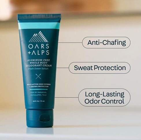 Oars + Alps Whole Body Deodorant Cream For Men - Multi-Action Odor Defense - Aluminum Free, Baking Soda Free, Anti-Chafe - 2.5 Ounce Tube - Fresh Ocean Splash in Saudi Arabia