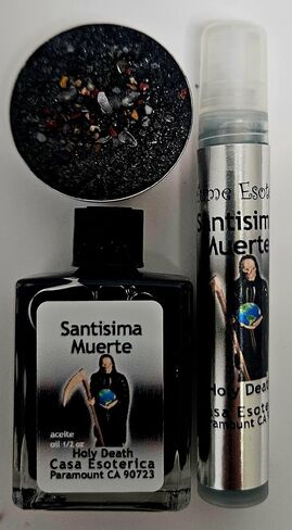 Tripack Santa Muerte Negra ، Death Death Black Ritual ، Tealight ، Aceite Espiritual y Mini Perfume Esoterico ، Casa Esoterica in Saudi Arabia