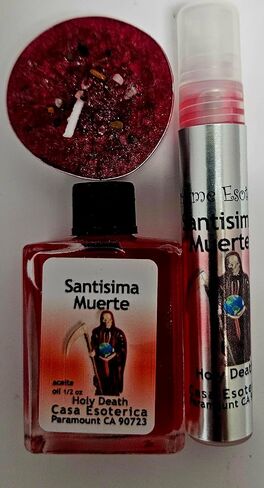 Tripack Santa muerte Roja, Holy Death Red ritual, Tealight, Aceite Espiritual y mini Perfume esoterico, casa esoterica in Saudi Arabia