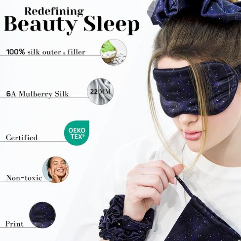 100% Mulberry Silk Sleep Mask Set - Adjustable Eye Mask with Pouch & Scrunchie for Men & Women, Large Size, Total Blackout, Noise Reduction, Ear Protection, Hypoallergenic, Moisture-Wicking, Handcrafted in the USA (Wild Rose Set) in Saudi Arabia