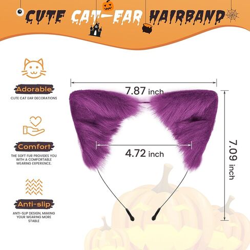 Edoneery Halloween Cat Fox Wolf Fux Fur Ears عقال ، ملحق الشعر المصنوع يدويًا للبالغين Cosplay & Fancy Dress Plass (رمادي فاتح) in Kuwait