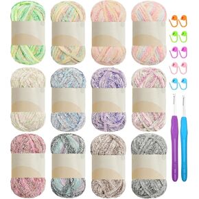 12 PCS Soft Chenille Yarn Velvet Yarn for Crocheting,Fluffy Yarn for Knitting and Crochet DIY Craft,Warm Yarn for Blanket Bag Hat Scarve Clothe Gloves Slippers Doll(White+Blue+Pink+Red+Black+Green) in Kuwait