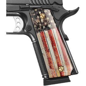 بارد اليد 1911 قبضة ، أكريليك مصقول عالية ، مع علم الولايات المتحدة الأمريكية الوطنية ، الحجم الكامل (الحكومة/القائد) ، براغي الذهب بما في ذلك ، Cut Safety Cut in Kuwait