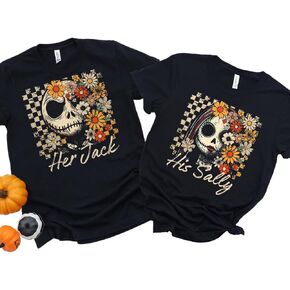 Floral Jack and Sally His and Her Halloween Couple Outfits, Nightmare Before Christmas Couples Matching Halloween Shirts, Husband Wife Halloween Shirts, Graphic Couples Tshirts. in Saudi Arabia
