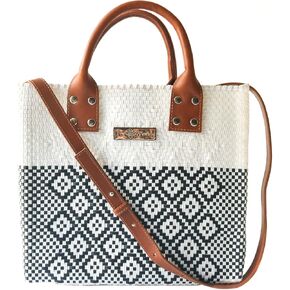 White Large Woven Crossbody Bag - Tan Leather Handles & Crossbody Strap, Handwoven Recycled Plastic Purse, Oaxaca Mexican Woven Tote, Summer Bag, Work Bag, Everyday Purse in Kuwait