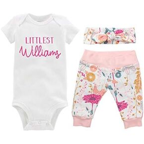 Littlest Personalized Last Name Girl Baby Pink White Floral Coming Home Outfit - Bodysuit, Yoga Pant, Top Knot Headband in Saudi Arabia