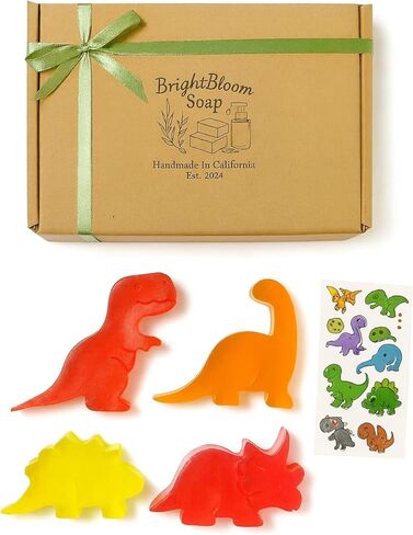 Kids Soap Bar (Set of 4) - Unique Natural Dinosaur Shaped Soaps for Children - Bonus Dino Tattoos, Gentle Bath Soap for Sensitive Skin - Fun Gift for Kids - Birthday, Bath Time - Handmade in USA in Saudi Arabia