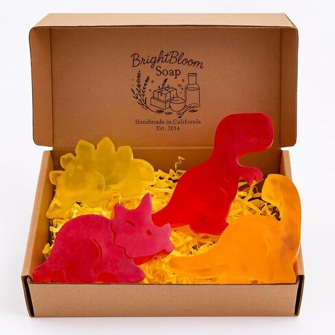 Kids Soap Bar (Set of 4) - Unique Natural Dinosaur Shaped Soaps for Children - Bonus Dino Tattoos, Gentle Bath Soap for Sensitive Skin - Fun Gift for Kids - Birthday, Bath Time - Handmade in USA in Saudi Arabia