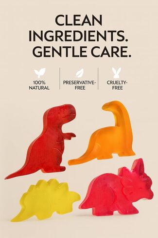 Kids Soap Bar (Set of 4) - Unique Natural Dinosaur Shaped Soaps for Children - Bonus Dino Tattoos, Gentle Bath Soap for Sensitive Skin - Fun Gift for Kids - Birthday, Bath Time - Handmade in USA in Saudi Arabia