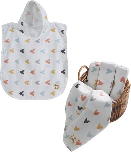 Muslin Blanket and Poncho Baby Set, 100% Cotton, Lightweight and Breathable, Perfect for Summer and Daily Use, for Babies and Toddlers (Pastel Hearts Pattern) in Saudi Arabia