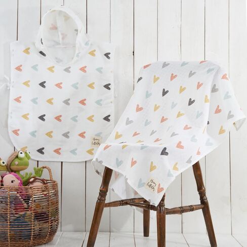 Muslin Blanket and Poncho Baby Set, 100% Cotton, Lightweight and Breathable, Perfect for Summer and Daily Use, for Babies and Toddlers (Pastel Hearts Pattern) in Saudi Arabia