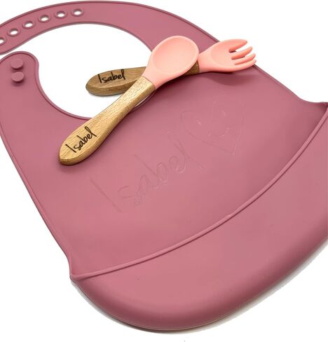 Personalized Bib, Silicone with Spoon and Fork wood and silicone, Keepsake custom baby name item in Saudi Arabia