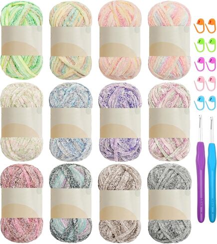12 PCS Soft Chenille Yarn Velvet Yarn for Crocheting,Fluffy Yarn for Knitting and Crochet DIY Craft,Warm Yarn for Blanket Bag Hat Scarve Clothe Gloves Slippers Doll(White+Blue+Pink+Red+Black+Green) in Kuwait