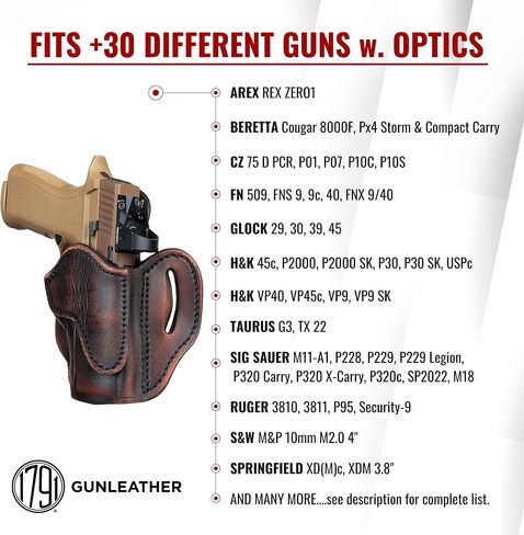 1791 Gunleather P320C Optic Ready Hornster - OWB CCW Leather Gun Holster for Belts - Hand Hand - HK VP9SK ، P2000 ، 45C ، SIG P229C ومعظم الإضافات مع القضبان in Kuwait