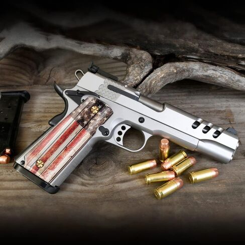 بارد اليد 1911 قبضة ، أكريليك مصقول عالية ، مع علم الولايات المتحدة الأمريكية الوطنية ، الحجم الكامل (الحكومة/القائد) ، براغي الذهب بما في ذلك ، Cut Safety Cut in Kuwait