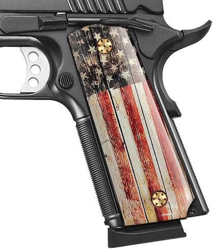 بارد اليد 1911 قبضة ، أكريليك مصقول عالية ، مع علم الولايات المتحدة الأمريكية الوطنية ، الحجم الكامل (الحكومة/القائد) ، براغي الذهب بما في ذلك ، Cut Safety Cut in Kuwait