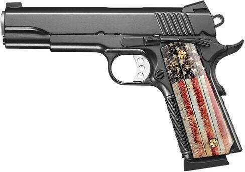 بارد اليد 1911 قبضة ، أكريليك مصقول عالية ، مع علم الولايات المتحدة الأمريكية الوطنية ، الحجم الكامل (الحكومة/القائد) ، براغي الذهب بما في ذلك ، Cut Safety Cut in Kuwait