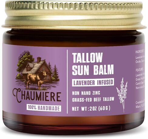 Lavender Tallow Sunscreen SPF 50 – Grass-Fed Beef Tallow Balm with Carrot Seed Oil & Non-Nano Zinc – Organic Face & Body Moisturizer, Reef Safe, Naturally Scented – 2.5oz, Made in USA in Kuwait