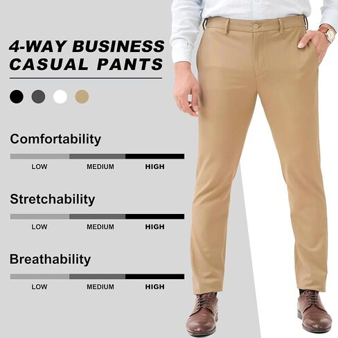 WANMINHAI رجل 4-Way تمتد شقة الجبهة سروال فستان رجالي 5 جيوب سراويل تقليدية استرخاء صالح تمتد الخصر in Kuwait