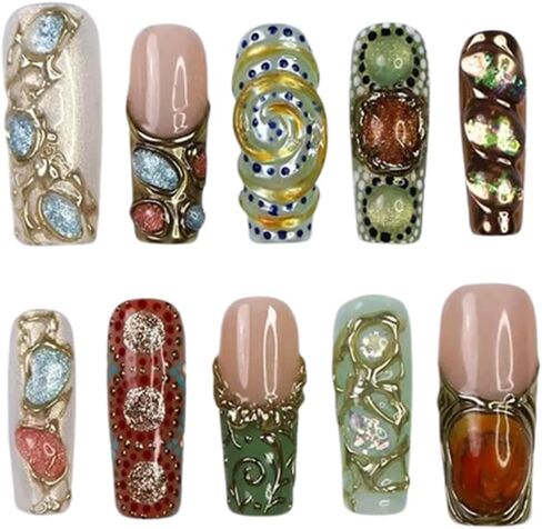 Arcanum Mystical Handmade Press on Nails ، Long Press Nails Tips Cover Cover 10pcs Arcanum Mystical Press on Nails Fake Nails 3D Easy Wear in Saudi Arabia