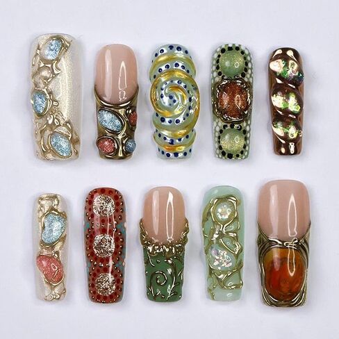 Arcanum Mystical Handmade Press on Nails ، Long Press Nails Tips Cover Cover 10pcs Arcanum Mystical Press on Nails Fake Nails 3D Easy Wear in Saudi Arabia
