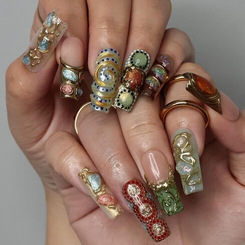 Arcanum Mystical Handmade Press on Nails ، Long Press Nails Tips Cover Cover 10pcs Arcanum Mystical Press on Nails Fake Nails 3D Easy Wear in Saudi Arabia