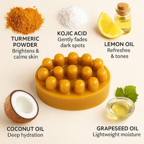 Turmeric Kojic Brightening Massage Soap Bar – Natural Exfoliating Face & Body Cleanser with Lemon Oil, Goat’s Milk, Coconut Oil & Grapeseed, Turmeric Lemon Soap, Kojic Soap – 5 oz in Saudi Arabia