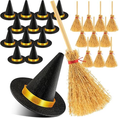 ZHWKMYP 14Pcs Mini Witch Hat, Small Witch Hats for Crafts, Felt Witch Hats and Brooms for Halloween Handmade Wine Bottle Party Decor in Saudi Arabia
