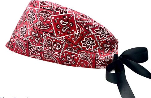 Red bandana fitted scrub cap with back opening and ribbon ties to adjust for fit. in Saudi Arabia